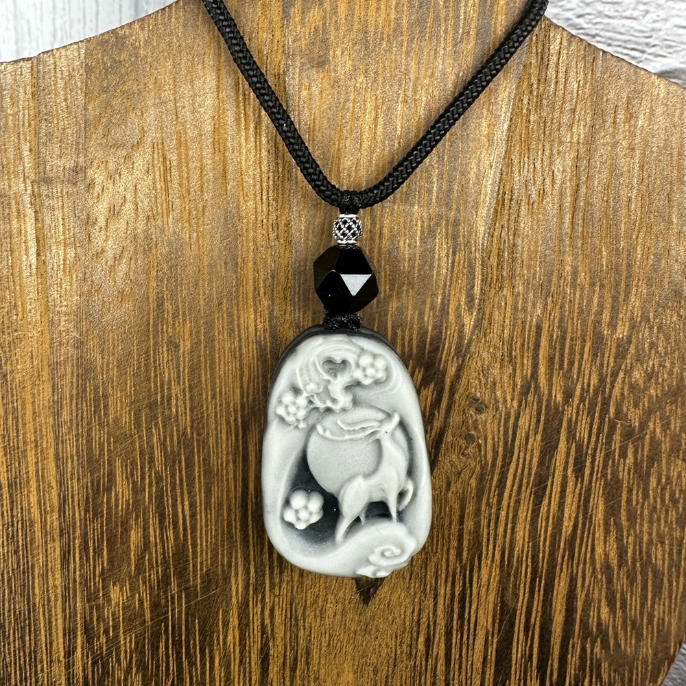 Tai Chi Stone Deer Pendant Necklace on Black Adjustable Rope